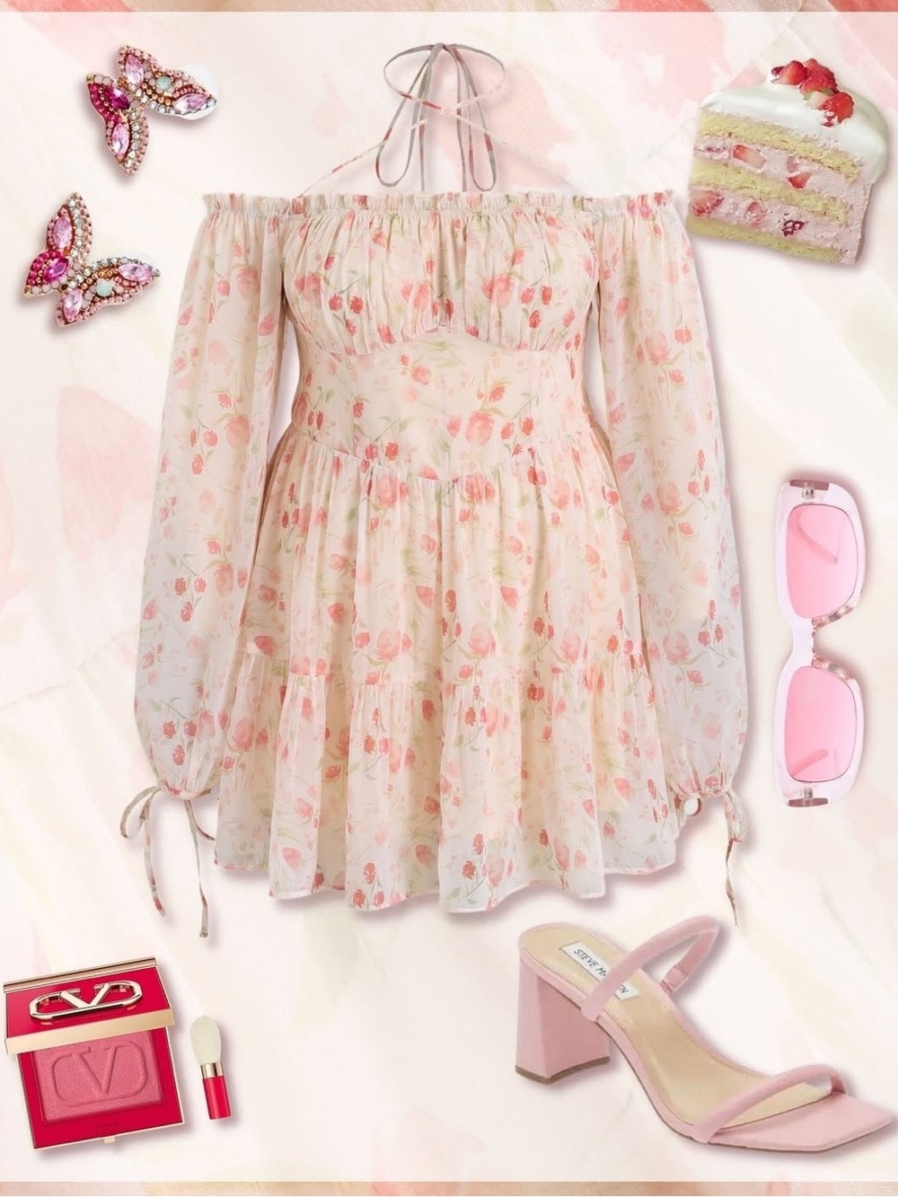 Cider Floral Off-The-Shoulder Chiffon Mini Dress with Criss-Cross Neck - Size L